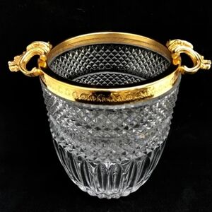 Vintage Hollywood Regency Crystal Glass Ice Bucket with Gold Trim